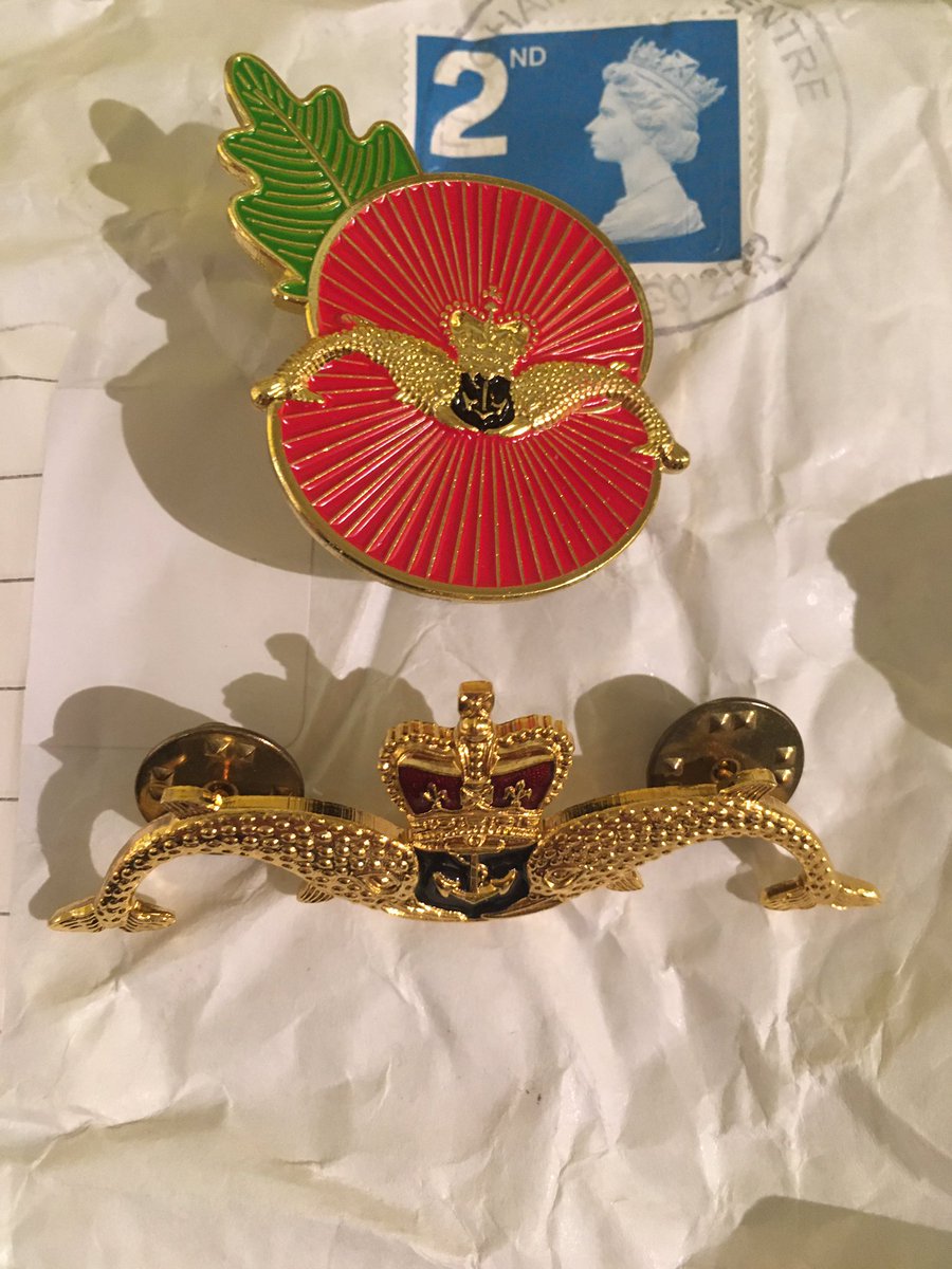 CopMoustache's tweet photo. As an ex-Submariner I’ve been looking for a while now for a poppy with the submariners “Dolphins” on it (badge at the bottom is the one I was awarded)
Look what arrived today, too late for this year but going on next year
I hope the #PoppyQueen @RSSS_DianeFair approves 🤞 https://t.co/fSIREOK5g8