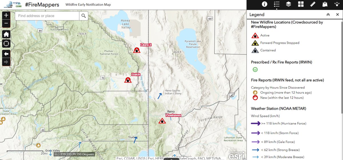 pjdohertygis's tweet photo. At least 3 new fires near the CA / NV border. Follow local evacuation orders wherever available. #FireMappers map zoomed in to the area of #Laura2Fire / #LauraFire #GulchFire #PinehavenFire
Map Link: https://t.co/Fp4bl3jDRZ https://t.co/ORvB4Cxpdj