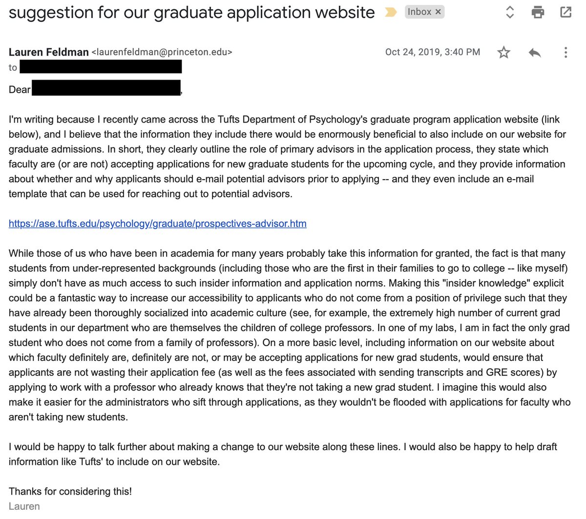 that list advisors who aren't taking students. (4) Grad students and junior folks can persuade their depts to do this! I did this last year and my dept website was updated accordingly. If you're looking for an e-mail template to send your dept chair/admin, feel free to use! (6/6)