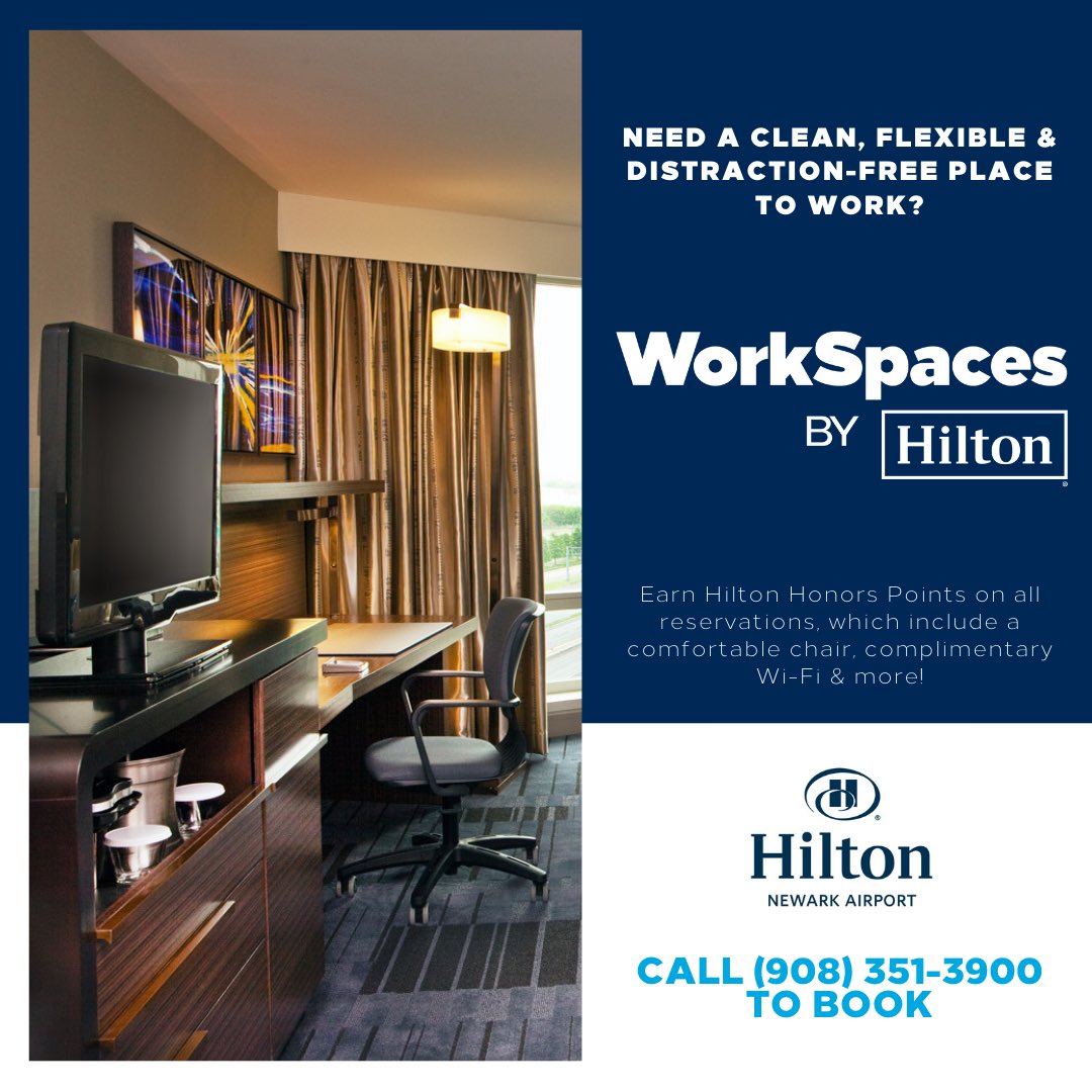 Spend the workday w/ us! The Hilton Newark Airport could be your new home office away from home, w/ WorkSpaces by Hilton. Enjoy the privacy &amp; complimentary Wi-Fi you need to be productive, plus a comfortable desk chair &amp; the peace of mind of Hilton Cleanstay  #WorkSpacesByHilton