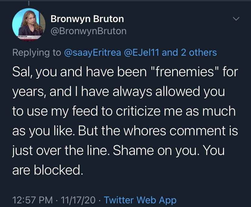 16. I think this mock outrage is supposed to stop the thread. It’s  @EJe11 dude I called a whore with PFDJ pimp. All “commercial sex workers” think everybody has a pimp. Wrong: TPLF can come and go: I am the same. Cant say same about Isaias worshippers, foreign and domestic.