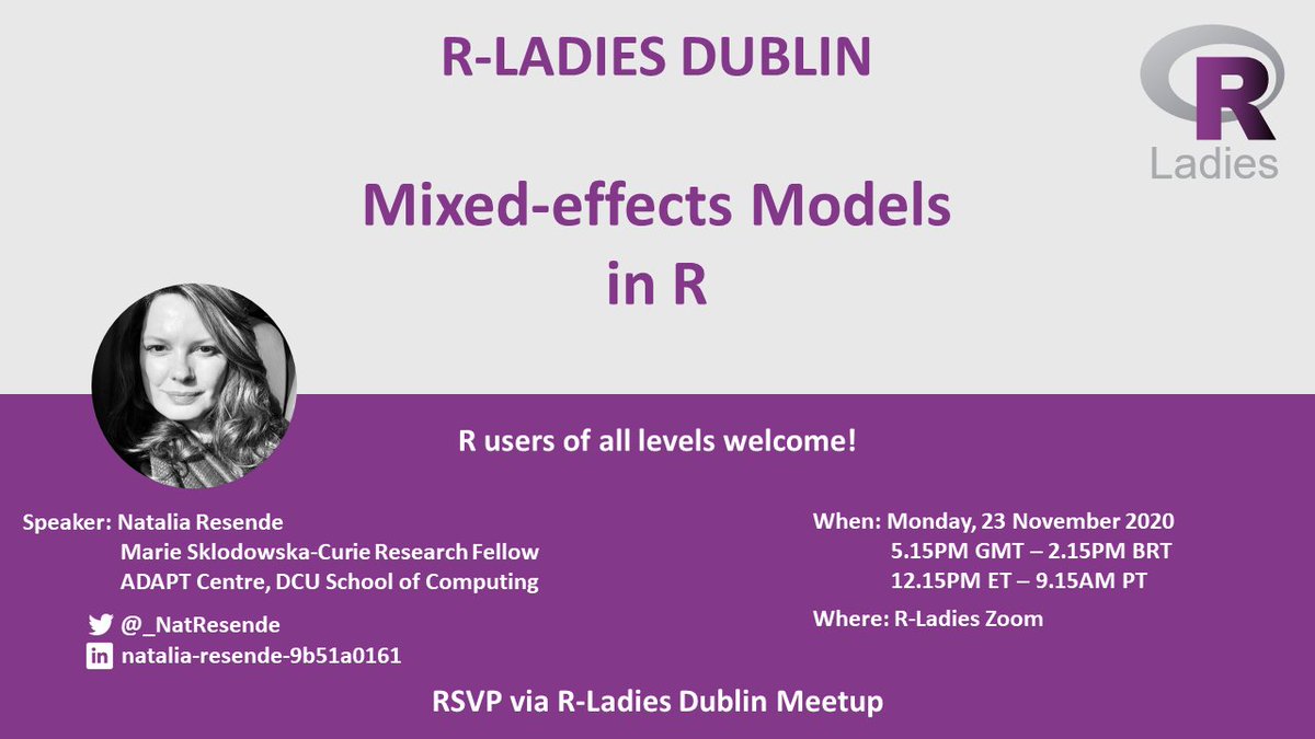 Ready for a deep dive into statistics, with the usual R-Ladies happy hour atmosphere?

ADAPT Researcher Natalia Resende introduces Mixed-Effects Models in R (LMM and GLMM)

Join us Monday, 23rd November 2020, 5.15 pm GMT

RSVP: meetup.com/rladies-dublin…

#RStats #RLadies #Meetup