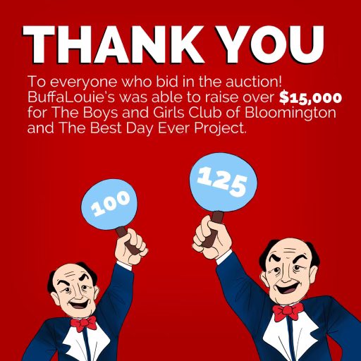 BuffaLouies's tweet photo. Thank you so much to everyone who bid on a head and spread the word about this auction! We were able to raise over $15,000 towards @BGCBloomington and The Best Day Ever Project! We could not have done it without you all! https://t.co/FCBKdFgd2g