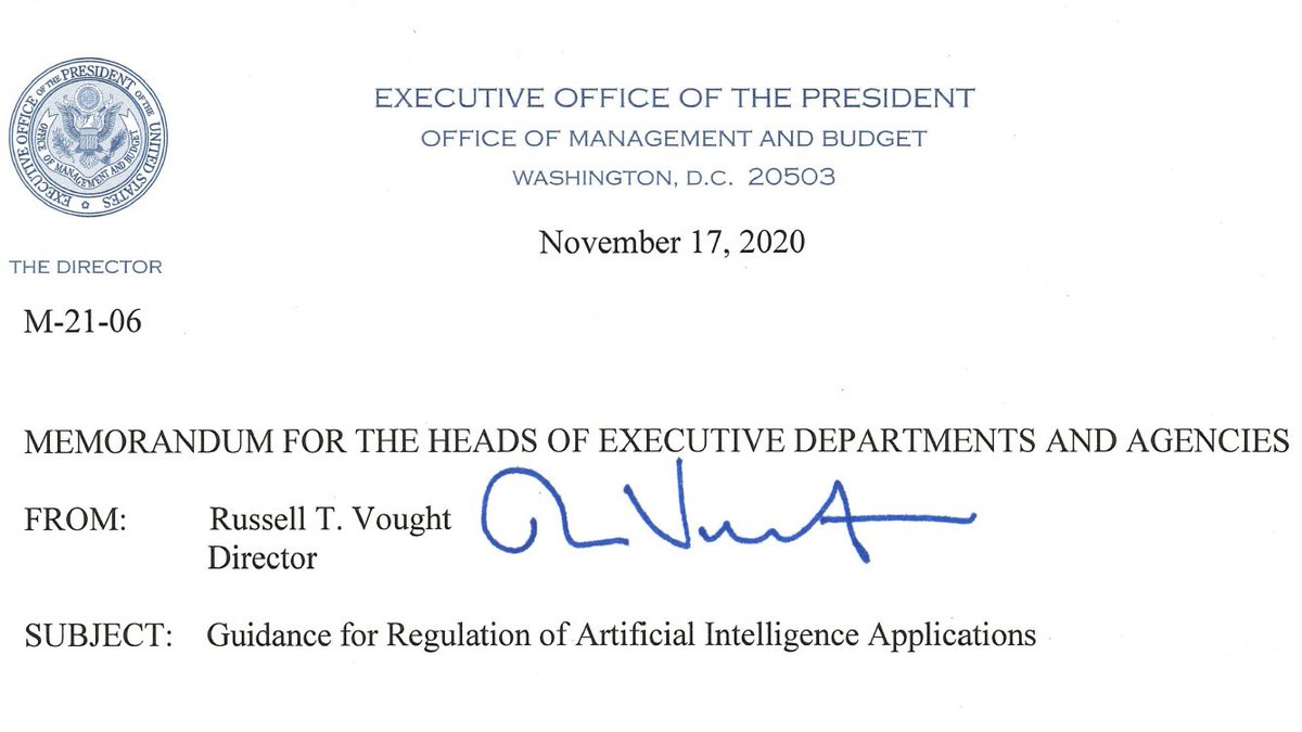 USCTO45's tweet photo. America is taking the lead to set rules of the road for AI.
 
Today @WhiteHouse released final AI regulatory guidance. The U.S. approach will bolster our global leadership &amp; promote AI that protects the privacy, security &amp; civil liberties of all Americans.
https://t.co/C6ltmkxTRS https://t.co/sXr82gxzOJ