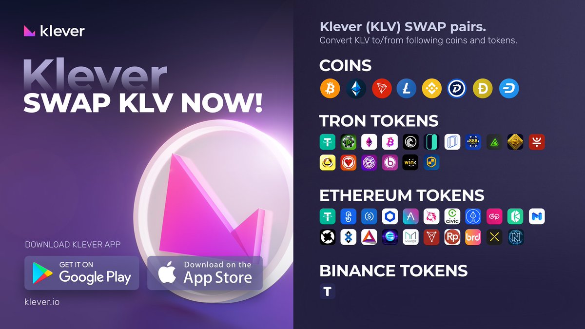💜 Swap $KLV to/from 8 coins & 39 tokens in @klever_io! Convert #Klever  to/from: $BTC, $ETH, $TRX, $LTC, $BNB, $DGB, $DOGE & $DASH Swap #KLV & 39  other #TRON & #ETH-based tokens,