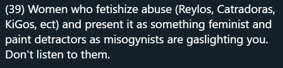 misuse of 'fetishize', 'abuse', and 'gaslighting' here.*I* think the most feminist thing to do is support every woman's right to ship whatever they want, even if it's problematic, as long as they don't use their ships as an excuse to harm other, REAL people.