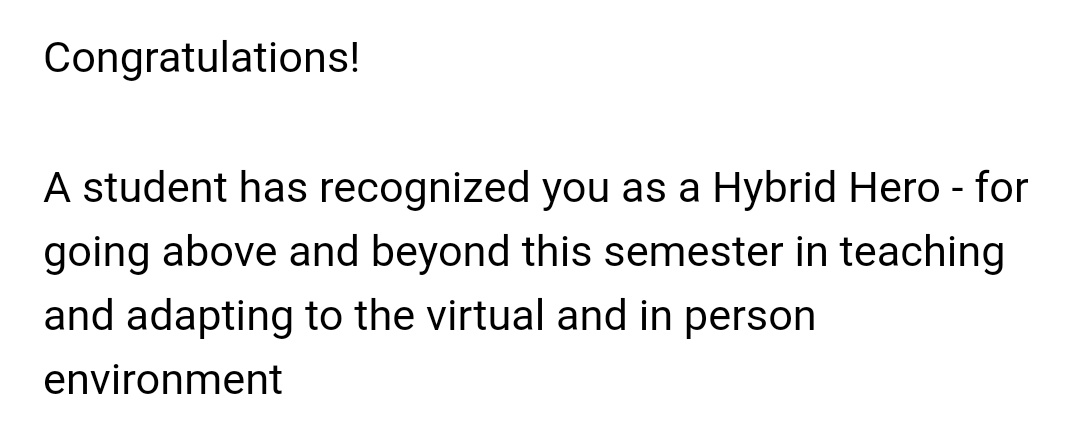 hsmiceli's tweet photo. Honored to be recognized as a "Hybrid Hero" by @RWU_Senate! What a great idea, and happy to have given my students a great semester! ❤️ https://t.co/1661NvEl8x