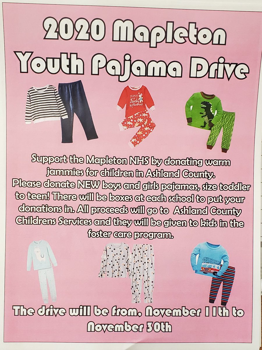 Mapletonybk20's tweet image. Support the National Honor Society by donating pajamas!! Started November 11th and ends November 30th! Help the kids in need for some warm fuzzy pajamas!