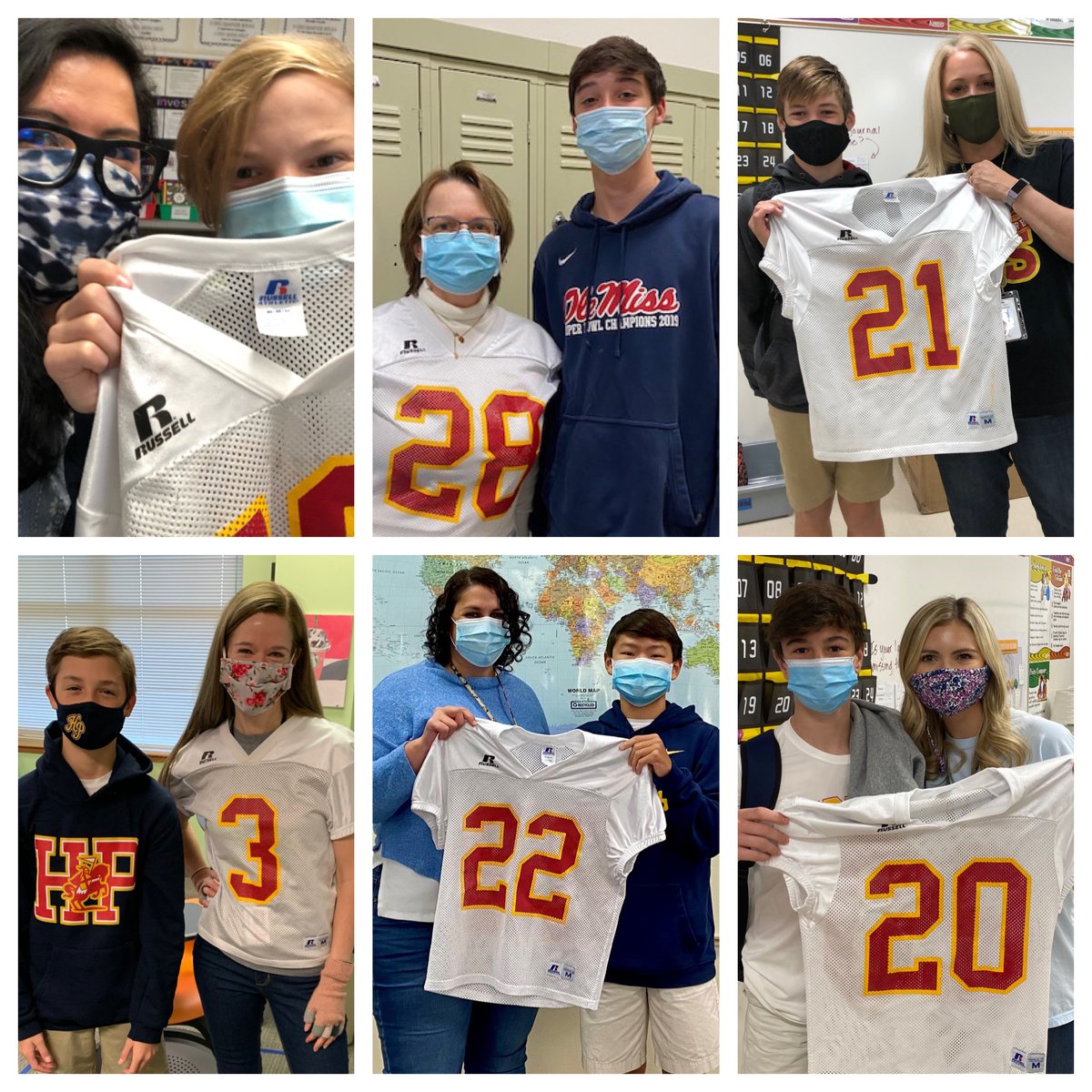 To celebrate their last 🏈 game tonight, our 7th grade Gold team shared a jersey with favorite teachers to wear to school today! #hpraidersthrive ❤️💛