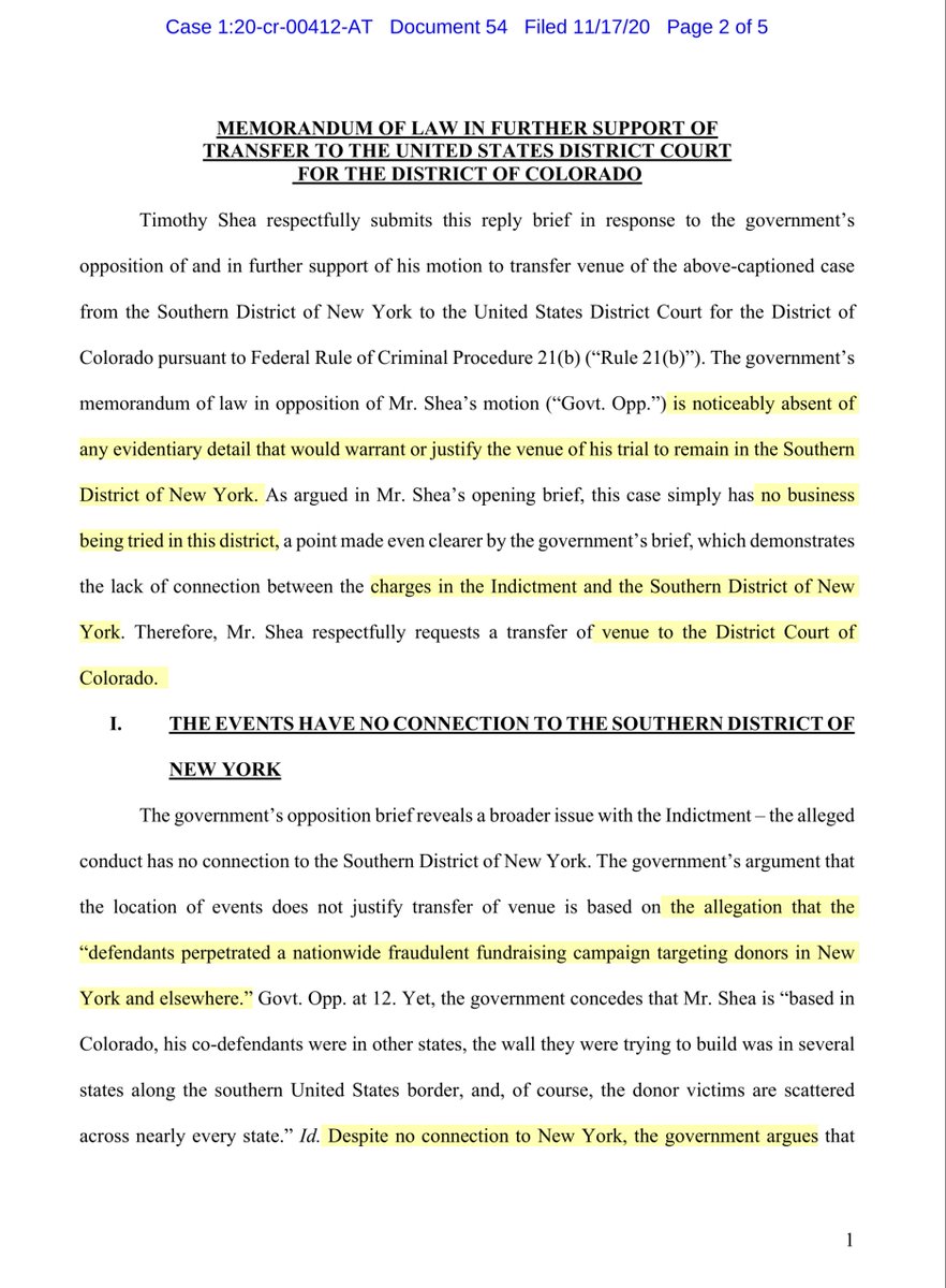 I don’t find his new arguments persuasive REPLY MEMORANDUM OF LAW in Support as to Timothy Shea re: 44 FIRST MOTION to Transfer Case ...Public Drive https://drive.google.com/file/d/1yjkdxYSUT3B_SgFnH26yJi2DTL1A8aDU/view?usp=drivesdkor you can pay for it  https://ecf.nysd.uscourts.gov/doc1/127127994288