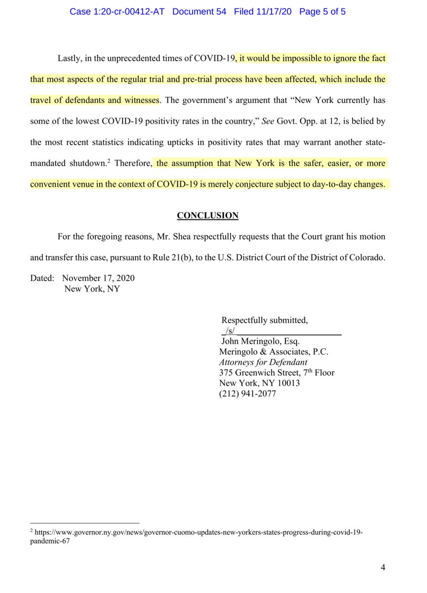 I don’t find his new arguments persuasive REPLY MEMORANDUM OF LAW in Support as to Timothy Shea re: 44 FIRST MOTION to Transfer Case ...Public Drive https://drive.google.com/file/d/1yjkdxYSUT3B_SgFnH26yJi2DTL1A8aDU/view?usp=drivesdkor you can pay for it  https://ecf.nysd.uscourts.gov/doc1/127127994288