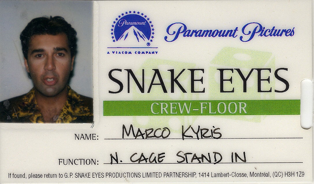 MarcoKyris's tweet photo. Crew members are always required to badge it up in Hollywood & this was mine on Snake Eyes when we shot in Montreal in '97. Function: super star stand-in for Mr Cagé. #niccage #standin #snakeeyes #briandepalma #garysinse #carlagugino #ricksantoro #fightnight https://t.co/i43hsJTfCJ