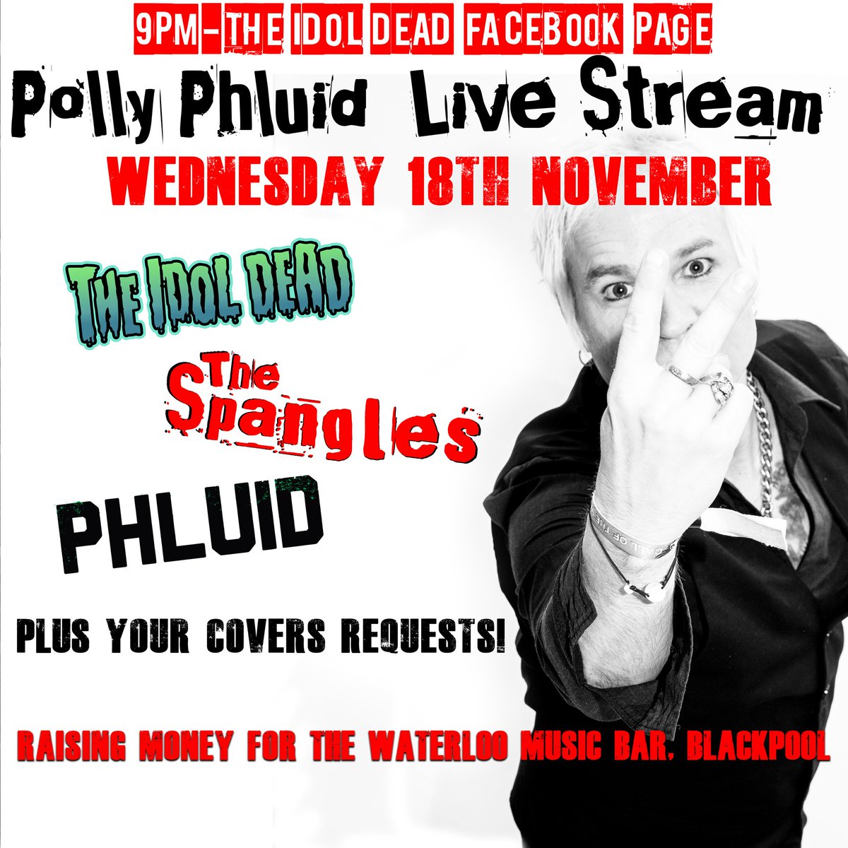 Polly_Phluid's tweet image. Ok, I'm nearly ready for this!* Covers, Idol, Spangles - usual blathering on about nowt - all in aid of Waterloo Music Bar, Blackpool. 100% of your donations will go to help Ian and the team keep this great venue open. 9pm, The Idol Dead Facebook page. See ya there? 

*Am I fuck!