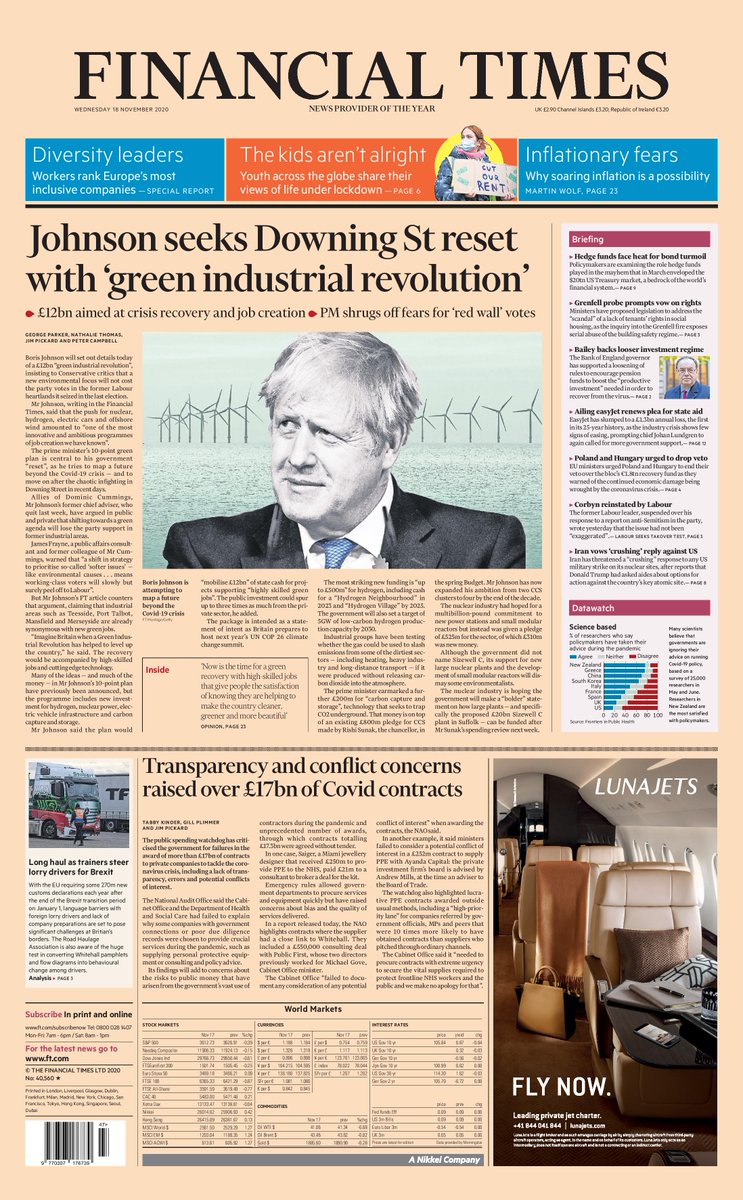 FinancialTimes's tweet image. Just published: front page of the Financial Times, UK edition, Wednesday 18 November on.ft.com/3lKBO3m