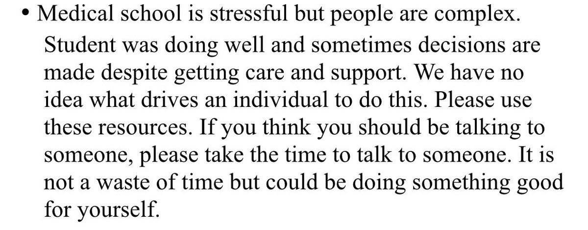In a recent town hall, when the admins of my med school were asked how they are addressing the recent student suicide, they gave the following response. Want to know what doesn’t leave us feeling supported? Responses like this. A THREAD on  #wellness in  #medicalschool