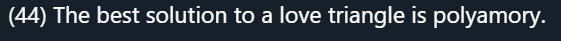 listen: I would absolutely love to see a mainstream work of fiction resolve a love triangle with a stable polyamorous relationship(but it's not necessarily 'the best' solution)