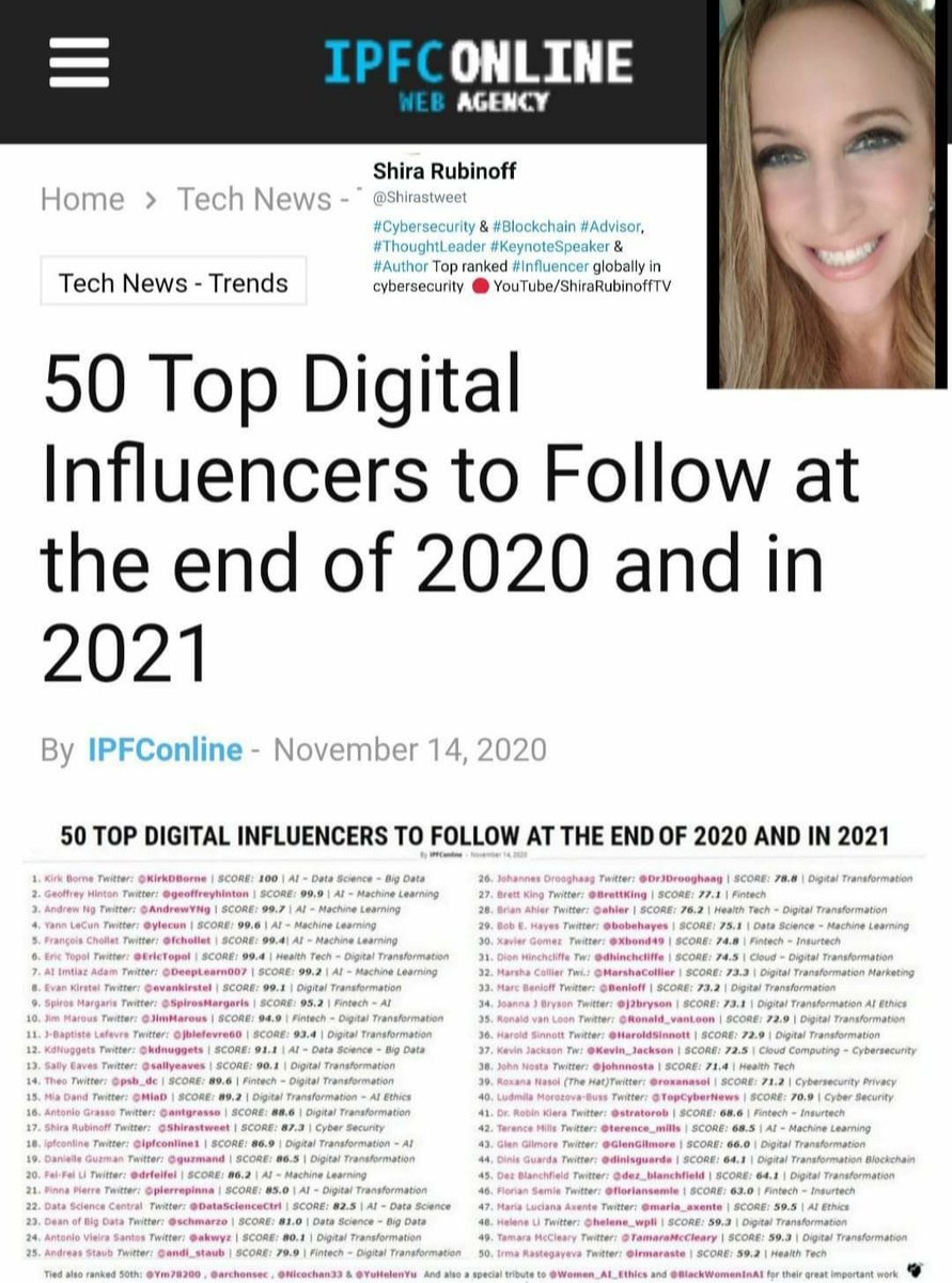 Thrilled to be named 
Top #CyberSecurity #Digital #Influencer along with some amazing colleagues in other categories👉bit.ly/2Us1R3j Thank you <a href="/ipfconline1/">ipfconline</a>
#DigitalTransformation #IoT #ML #bigdata #AI
<a href="/ATTBusiness/">AT&T Business</a> @IBMSystems <a href="/vmw_carbonblack/">vmw_carbonblack</a> <a href="/HPE/">HPE</a> <a href="/DraperGorenHolm/">Draper Goren Holm</a> <a href="/intel/">Intel</a>