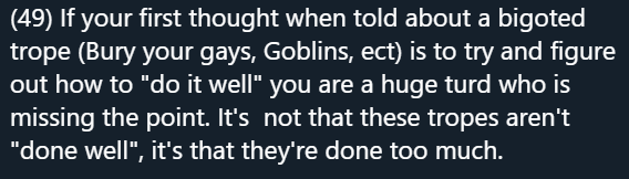 'Bury Your Gays' has a complicated history in American pub: specifically, for a very long time it was the only way to get stories w/explicitly queer romantic/sexual content published at all.so: a lot of LGBTQ+ ppl created 'bury your gays' stories b/c at least it was SOMETHING.