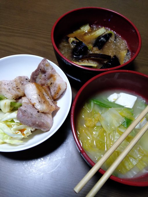 今日の昼飯
豚バラの焼肉と茄子の揚げびたし
白菜と豆腐の味噌汁 