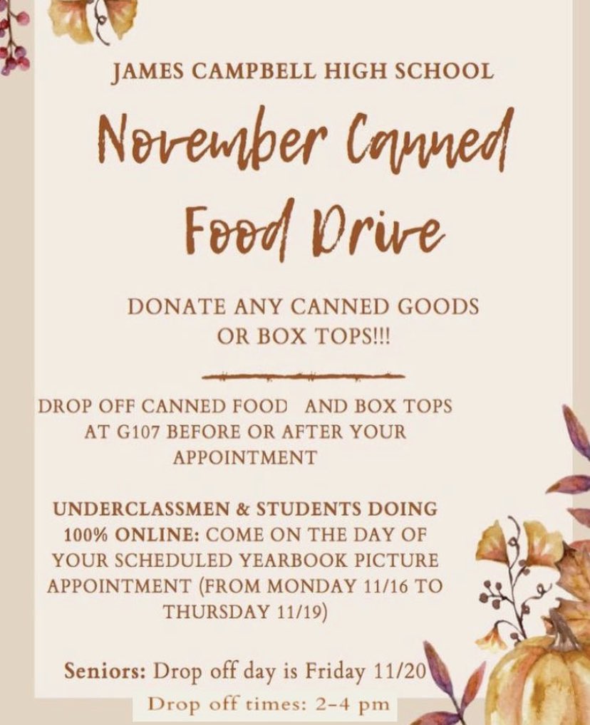 jchssabernation's tweet photo. November Canned Food Drive and Yearbook Pictures are happening this week!! Make sure to schedule your yearbook picture appointment &amp; please donate any canned goods or box tops if possible :) https://t.co/K56w6JKAfV