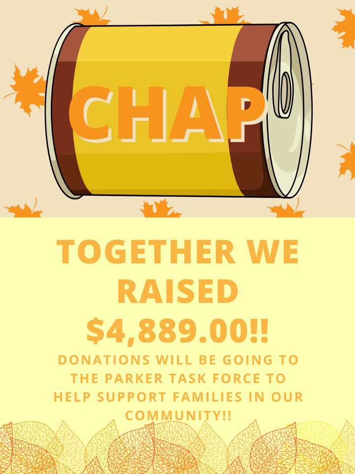 🥫CHAP 🥫                                                 We are so exited to annonce a total of $4,899.00 for this year’s Canned Food Drive! Thank you so much for your generous acts this season. Your donations have made such a difference in the lives of many 💛