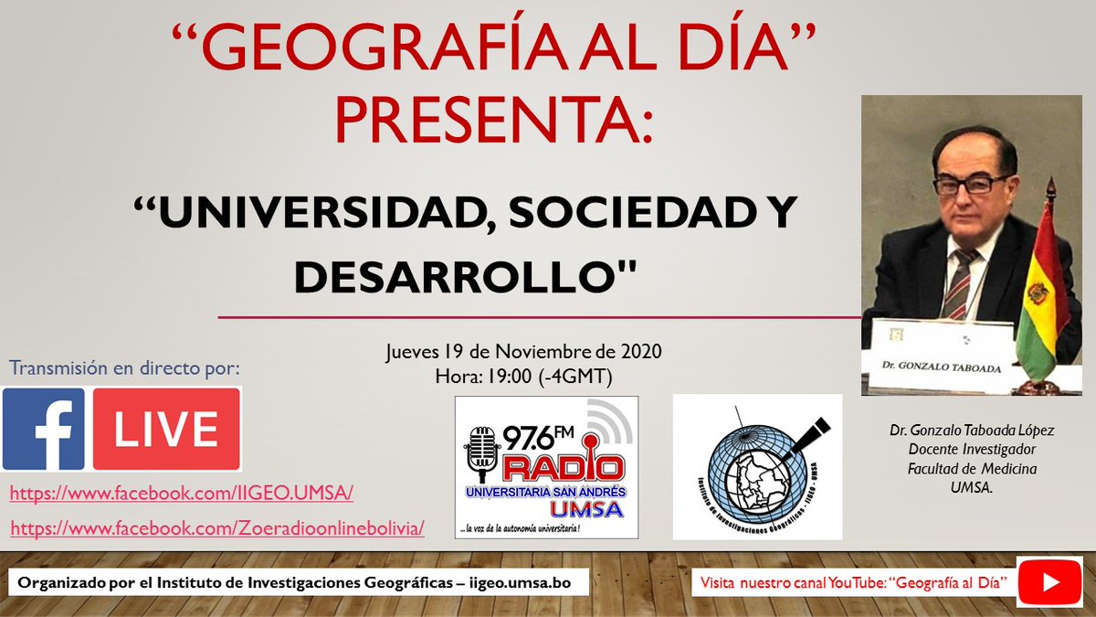 IIGEO_UMSA's tweet photo. Geografía al día, presenta: Universidad, Sociedad y desarrollo, con el Dr. Gonzalo Taboada. 
En vivo por radio San Andrés FM 97.6 https://t.co/yK4llXE7IZ