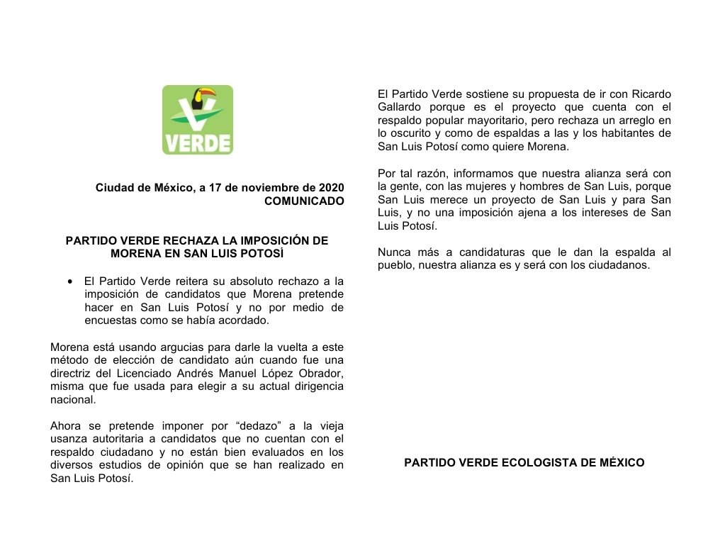 En el <a href="/partidoverdemex/">Partido Verde</a> RECHAZAMOS LA IMPOSICIÓN DE #MORENA EN SAN LUIS POTOSÍ. Nuestra alianza es y será con las y los ciudadanos con los mejores perfiles.