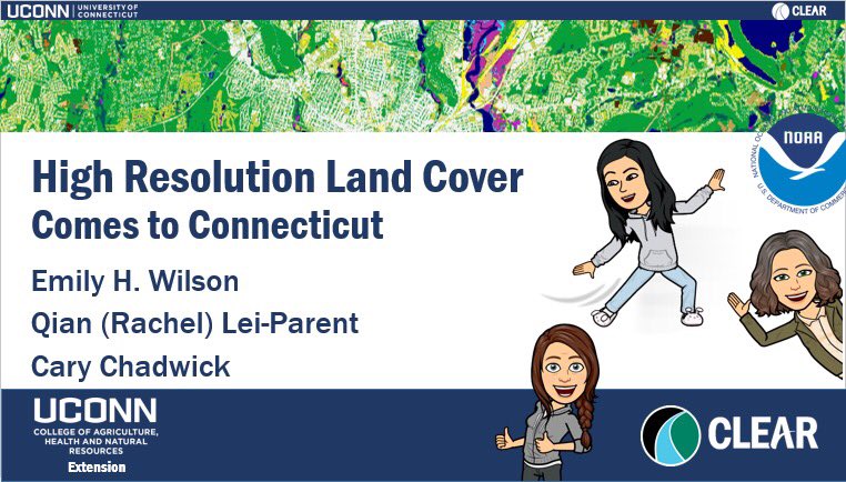 UConnCLEAR_GTP's tweet photo. We're pretty pleased with our cover slide for today's #highres #landcover presentation at #virtualNEARC2020 - what could be better than 1m C-CAP LC, #bitmojis &amp; a chat alongside a few of our @NOAADigCoast friends! https://t.co/hKJZmtWnoR