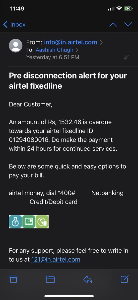 Aashish_C's tweet photo. @airtelindia @Airtel_Presence @KohliHarjeet airtel has everything since friday, and response is quick email threat for disconnection.... what an efficiency #airtelfraud @DoT_India https://t.co/QB13fZqYj3