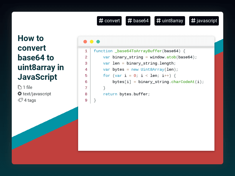 CodeRatings's tweet image. How to convert base64 to uint8array in JavaScript #convert #base64 #uint8array #javascript #coderatings coderatings.io/snippet/607