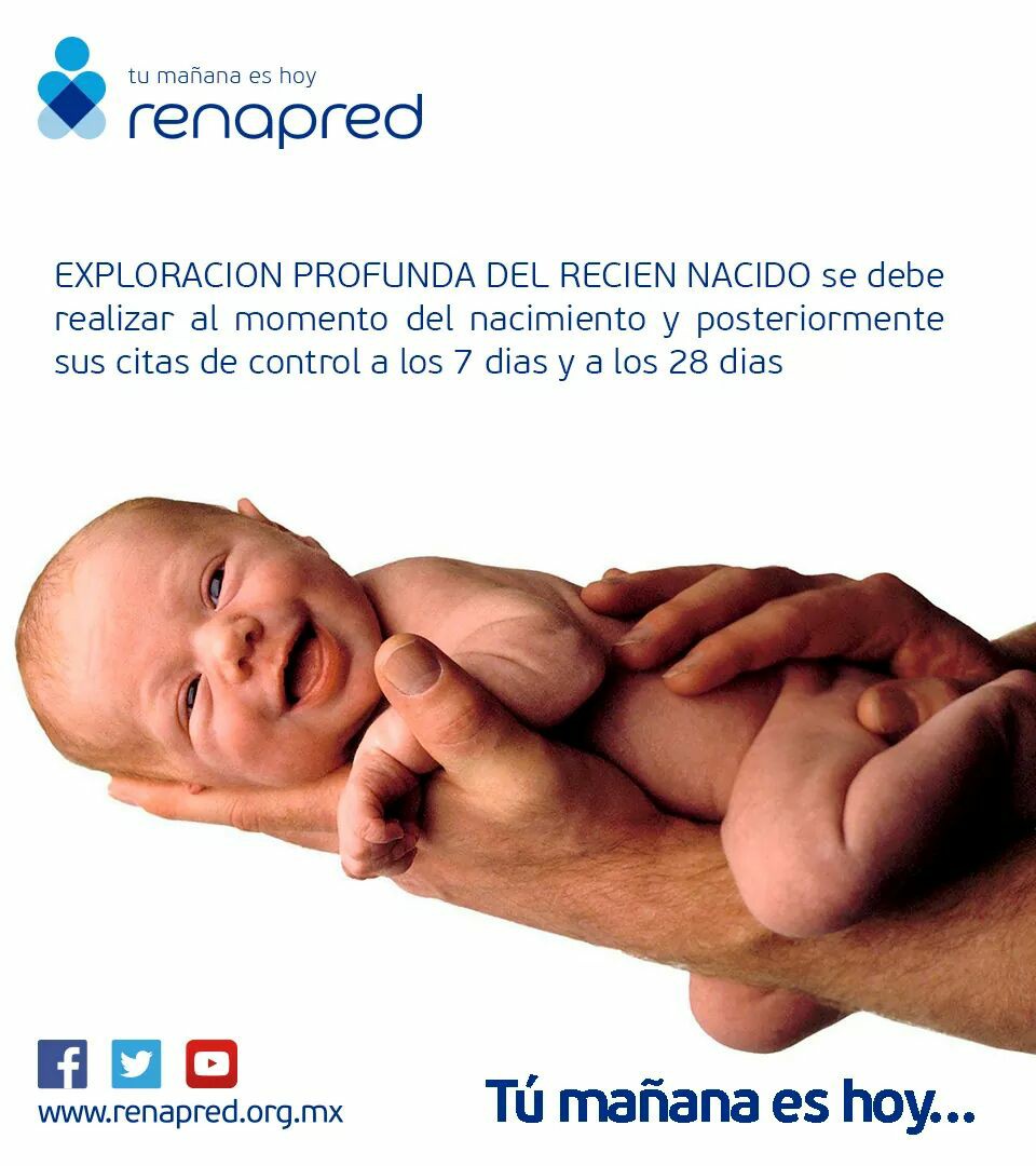 Una #ExploraciónProfundaDelReciénNacido se debe realizar en el momento del nacimiento, y posteriormente sus citas de control a los 7 días y a los 28 días. #4AccionesRenapred #TuMañanaesHoy. Para más información visita: renapred.org.mx