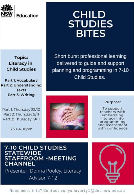 Join our final Literacy in Child Studies PL. Focus: Writing - Creating Texts. Develop an understanding of the creating texts sub element to select, design &amp; implement teaching strategies for development in writing, Thursday 19th, 3.30-4.00 Child Studies SWSR  meeting channel.