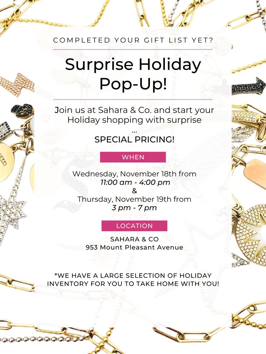 🎁 Holiday pop up shop this Wednesday and Thursday at <a href="/saharandco/">Sahara & Co</a> 953 Mount Pleasant Road, Toronto.  Gifts ready to bring home for the holidays!