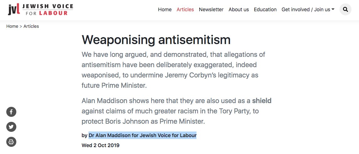 Just one more from the litany of shocking things they are responsible for: they have a member, Dr. Alan Maddison writing articles on their website denying antisemitism and misrepresenting stats - whilst he puts out stuff like this.Recently suspended from Labour.This is JVL.