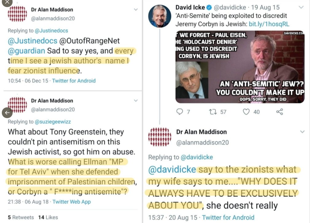 Just one more from the litany of shocking things they are responsible for: they have a member, Dr. Alan Maddison writing articles on their website denying antisemitism and misrepresenting stats - whilst he puts out stuff like this.Recently suspended from Labour.This is JVL.