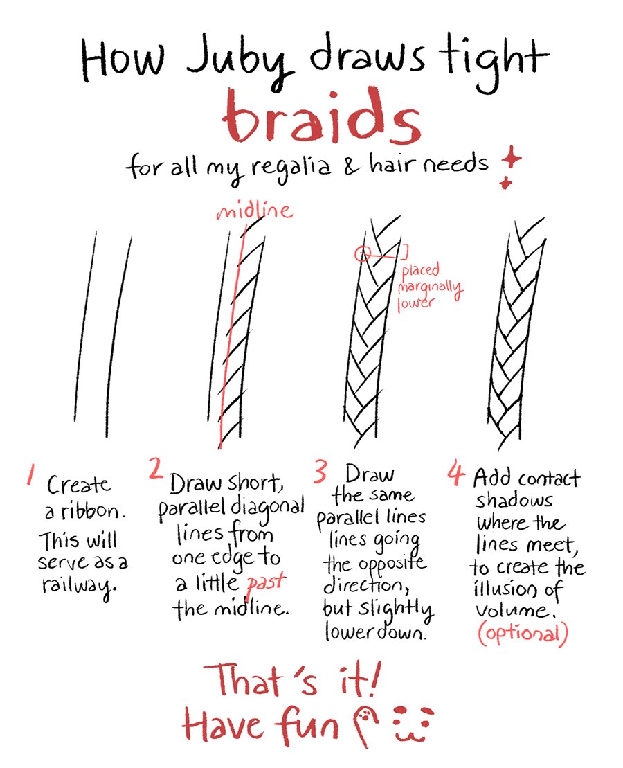 I occasionally make very simple walkthroughs of my process when I think others might benefit from it. This is how I go about quickly drawing those neat braids that make everything look cooler. (Alt text in following tweet) 