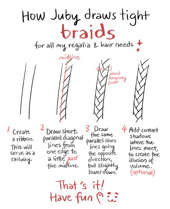 I occasionally make very simple walkthroughs of my process when I think others might benefit from it. This is how I go about quickly drawing those neat braids that make everything look cooler. (Alt text in following tweet) 