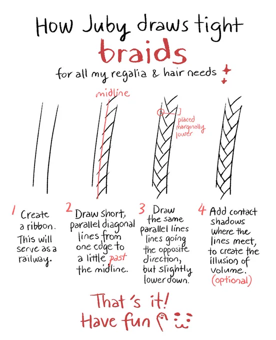 I occasionally make very simple walkthroughs of my process when I think others might benefit from it. This is how I go about quickly drawing those neat braids that make everything look cooler. (Alt text in following tweet) 