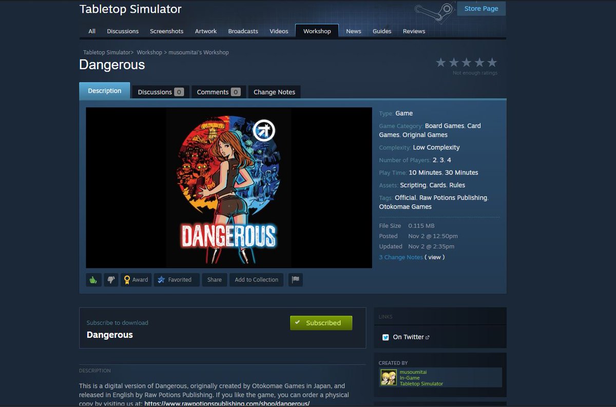 RawPotionsLLC's tweet photo. We're happy to announce Dangerous is now available to play on Tabletop Simulator! Our pre-order is also available on our website still if you want a physical copy! https://t.co/hMnslFmGUI