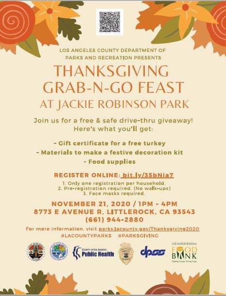RISEAfterSchool's tweet photo. Attention all families! The LA County Department of Parks &amp; Rec. will giving a Thanksgiving Grab-N-Go Feast. See the flyers for different locations and dates, plus info on how to register. https://t.co/YXNwwYJacc