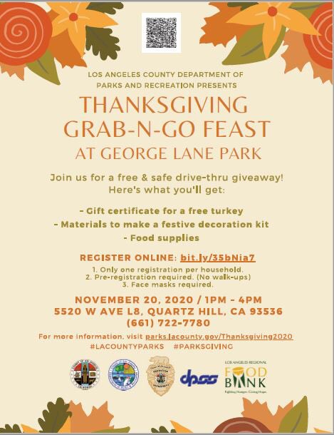 RISEAfterSchool's tweet photo. Attention all families! The LA County Department of Parks &amp; Rec. will giving a Thanksgiving Grab-N-Go Feast. See the flyers for different locations and dates, plus info on how to register. https://t.co/YXNwwYJacc