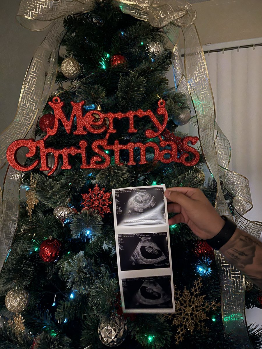 AlexusMcculley's tweet photo. Our first Christmas tree &amp; our first little babe 🤍 #boyorgirl #june21 @itstonybroo https://t.co/NIKd4nOpJ4