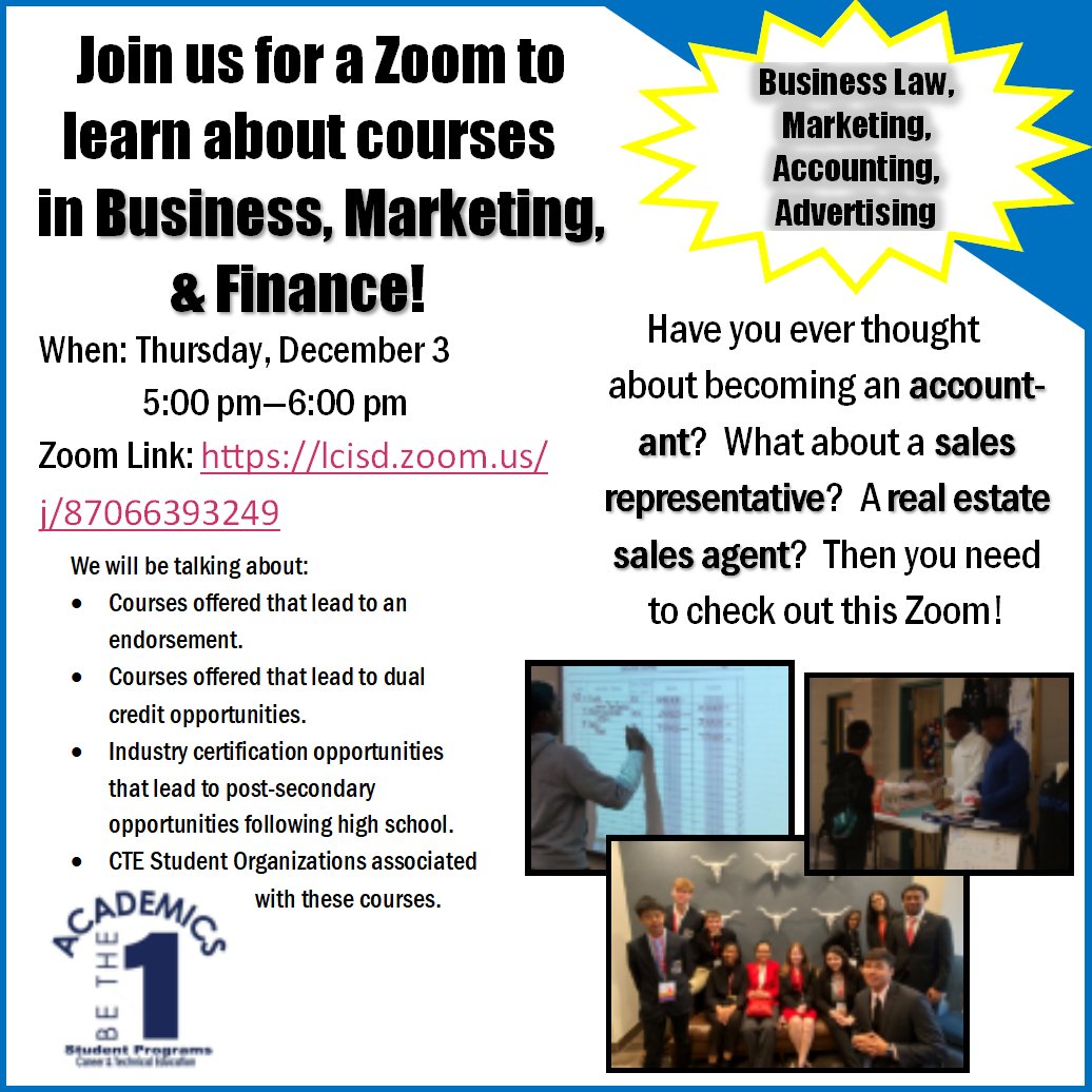 Are you interested in courses about business, marketing, and finance?  Have you ever considered a career in these areas?  Join us on December 3 at 5:00 to learn more about the courses offered in these areas! Zoom Link: lcisd.zoom.us/j/87066393249
<a href="/LamarCISD/">Lamar CISD</a>
