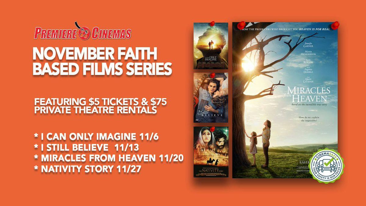 We are excited to announce 2 separate film series hitting your #CinemaSafe Premiere. Our Faith Based November Series and our Holiday Film Series will bring some family favorites. All films are at the Special $5 rate for individual tickets and $75 for promotional Private Rentals.