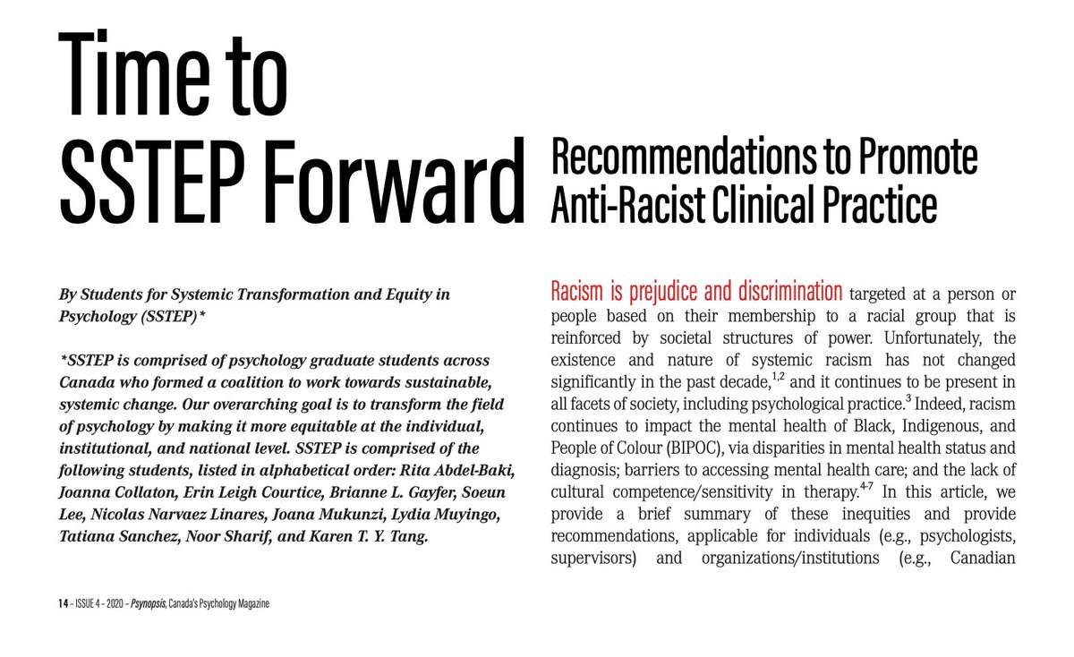 Our <a href="/SSTEP_Canada/">SSTEP</a> article, Time to SSTEP Forward: Recommendations to Promote Anti-Racist Clinical Practice is available online! 

cpa.ca/docs/File/Psyn…
