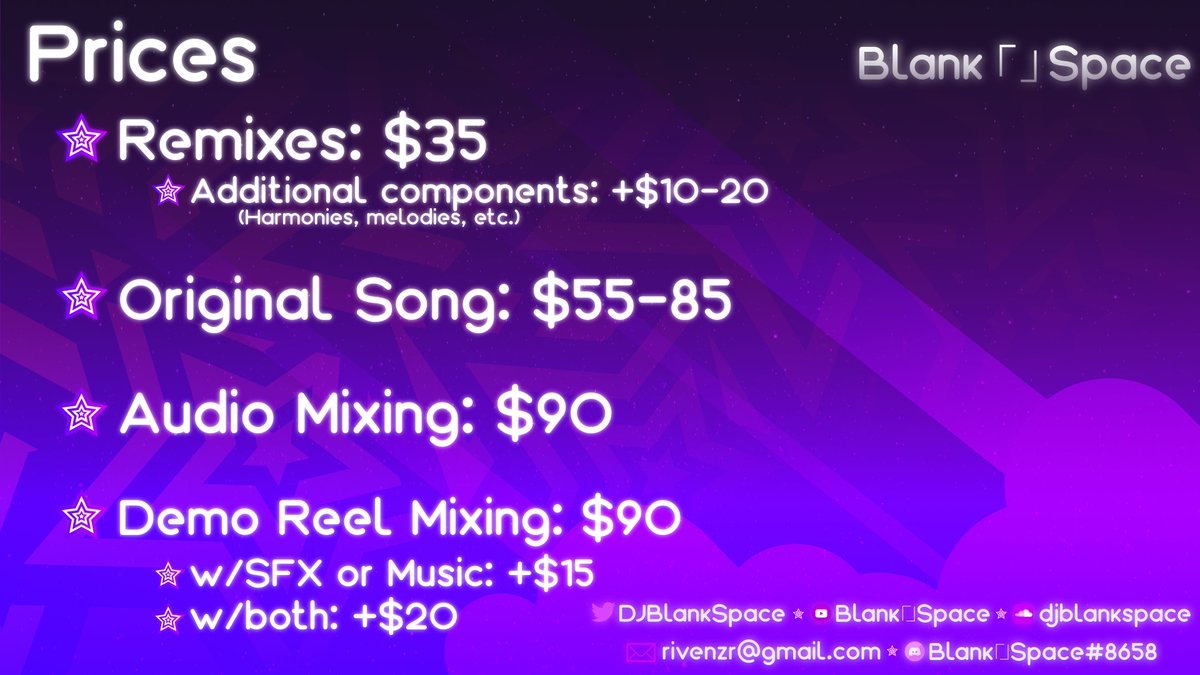 DJBlankSpace's tweet photo. 🎧Hello! My first ever commission page is now up and running! Here are all the prices for the services I offer. You can DM me for any questions you might have concerning them!🎧

🎶Contacts in the thread below~🎶 https://t.co/9evpdPaiLe