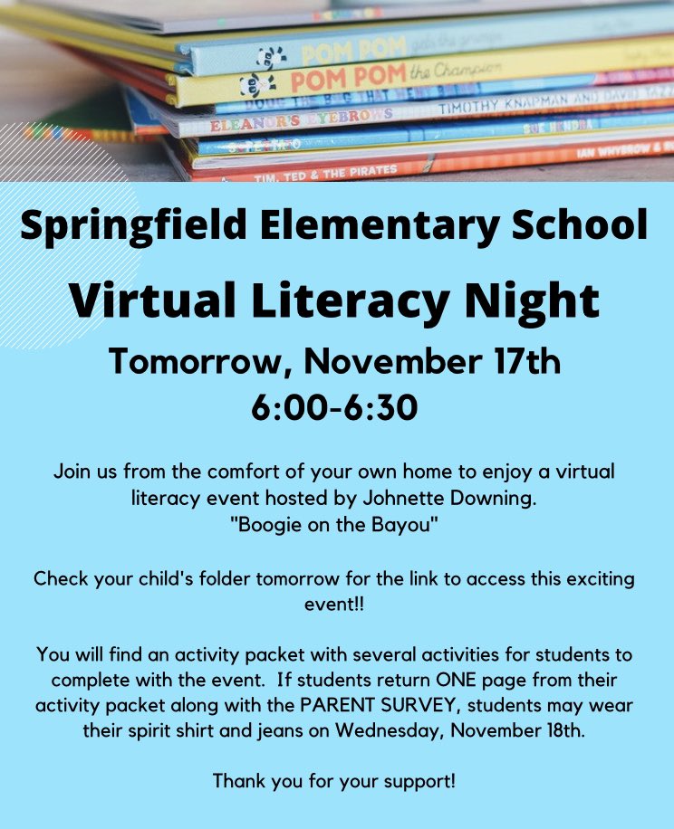 SpringfieldES1's tweet image. Virtual Literacy Night is tonight!! Come join us!