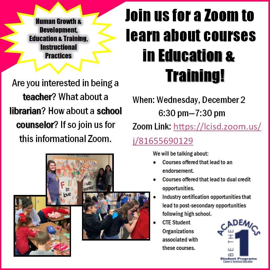 Have you ever thought about being a teacher or a school counselor?  What about a librarian?  Join us on December 2 at 6:30 pm to learn about courses we offer in education and training! Zoom Link: lcisd.zoom.us/j/81655690129
<a href="/LamarCISD/">Lamar CISD</a>