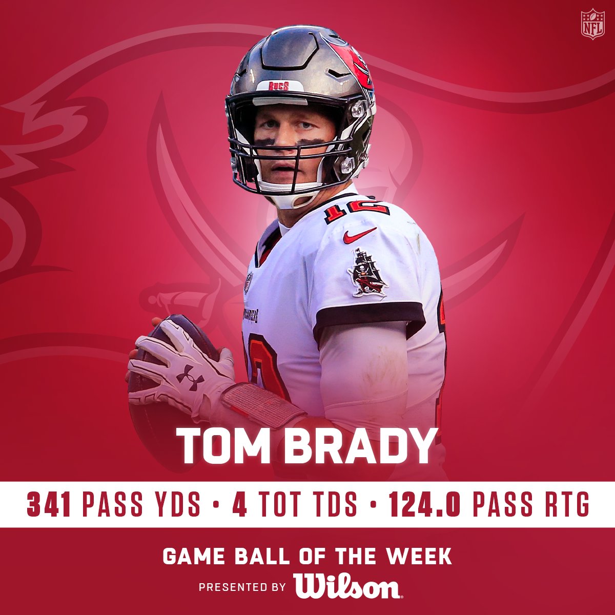 NFL's tweet image. The game ball of the week goes to @TomBrady! 🐐

(by @WilsonFootball)