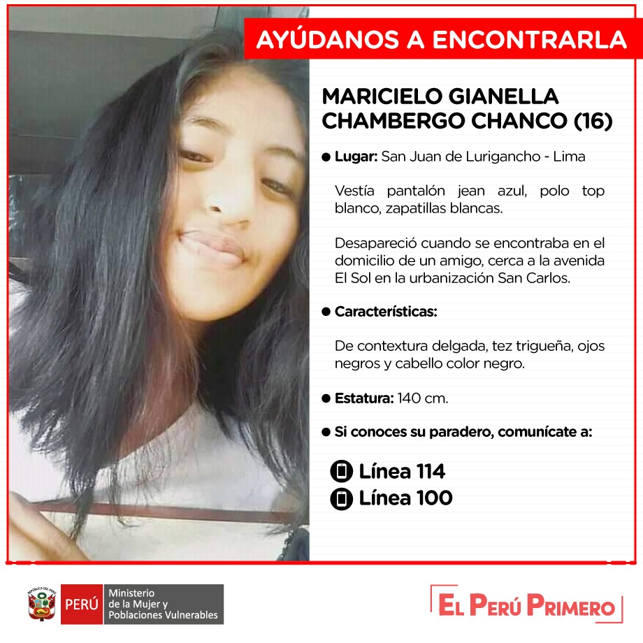 MimpPeru's tweet photo. Ayúdanos a encontrar a MARICIELO GIANELLA CHAMBERGO CHANCO, adolescente que debe regresar con su familia. Cualquier información, comunícate a los siguientes números:

📞 Línea 100
📱 105
☎️ (01) 6261600, anexo 5118 https://t.co/qGK0zGL09P